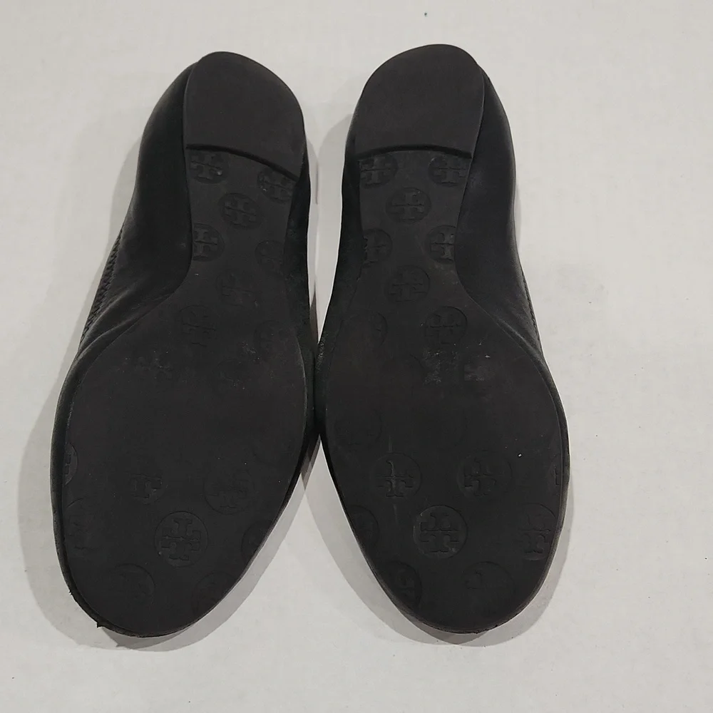 Tory Burch Black Flats With Silver Logo Size 9.5